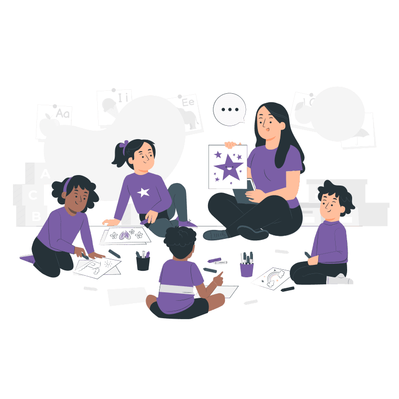Illustratie van kinderen en een pedagogisch medewerker